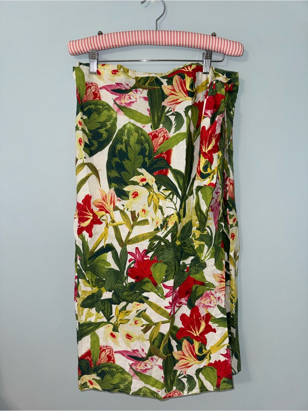 Panama Jack Linen Blend Wrap Midi Skirt Elastic Waist Tropical Floral